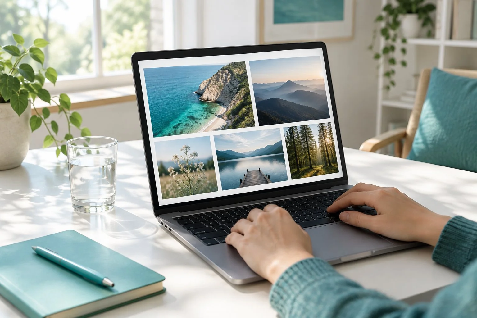 広告のない、写真だけが並ぶ画面を操作する手元