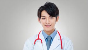 白い背景で白衣を着た笑顔の若い男性医師