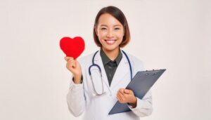 赤いハートと診察ファイルを持つ笑顔の女性医師