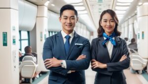 微笑む男女の空港職員