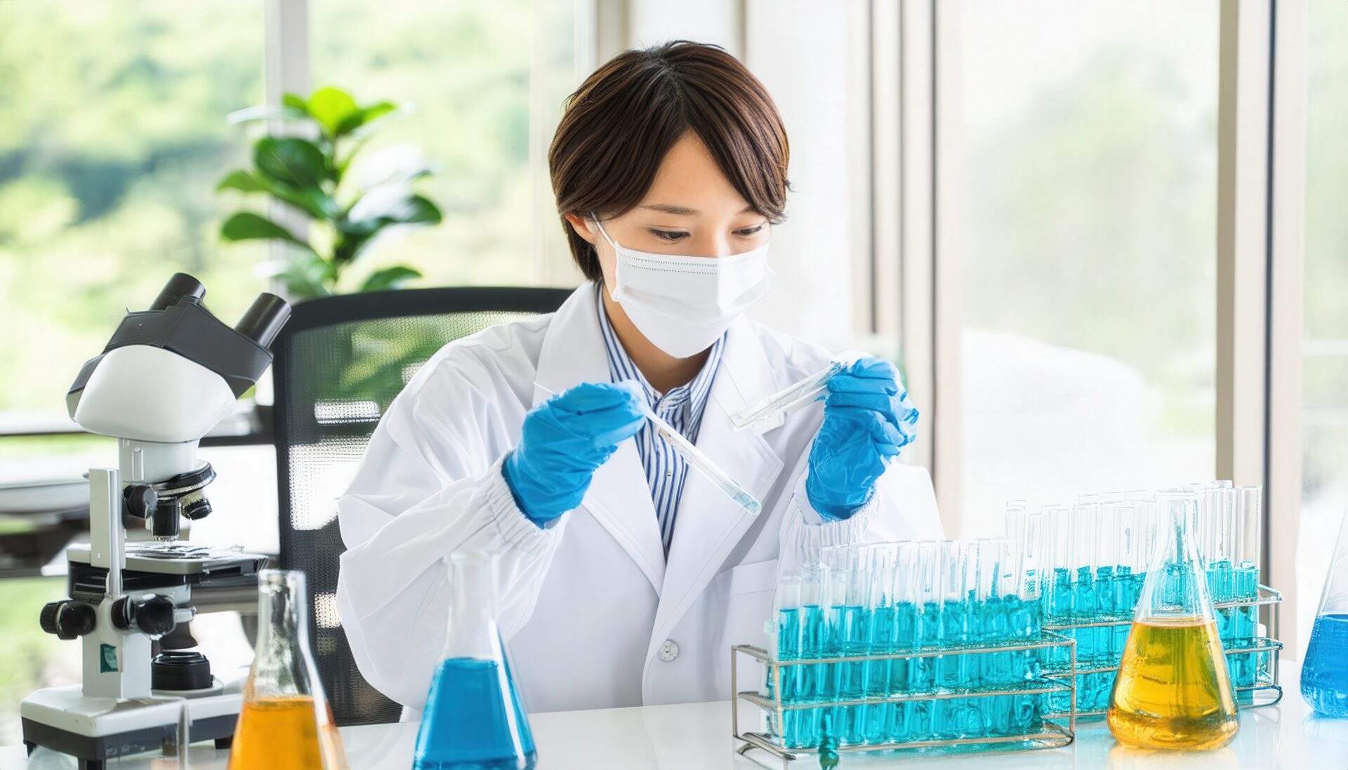 試験管で化学実験を行うマスク着用の女性研究者