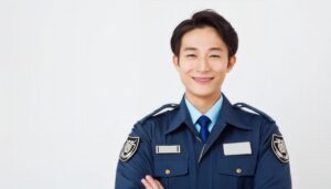 笑顔で腕を組む制服姿の若い警察官