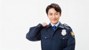 笑顔で肩に手を置く警察官のポートレート