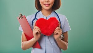 赤いハートと診察ファイルを持つ女性看護師