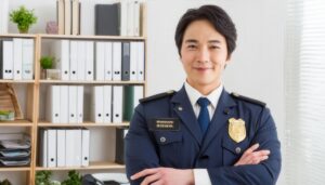 警察署で腕を組む警察官