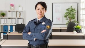 警察署に立つ笑顔の警察官