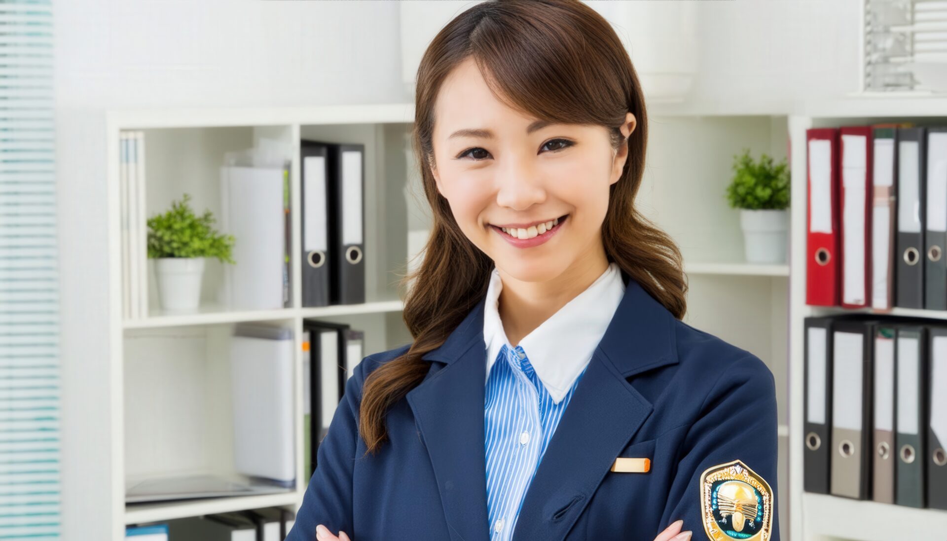 笑顔で警察署に立つ女性警察官