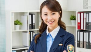 笑顔で警察署に立つ女性警察官