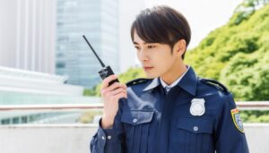 屋外で無線機を使う男性警察官