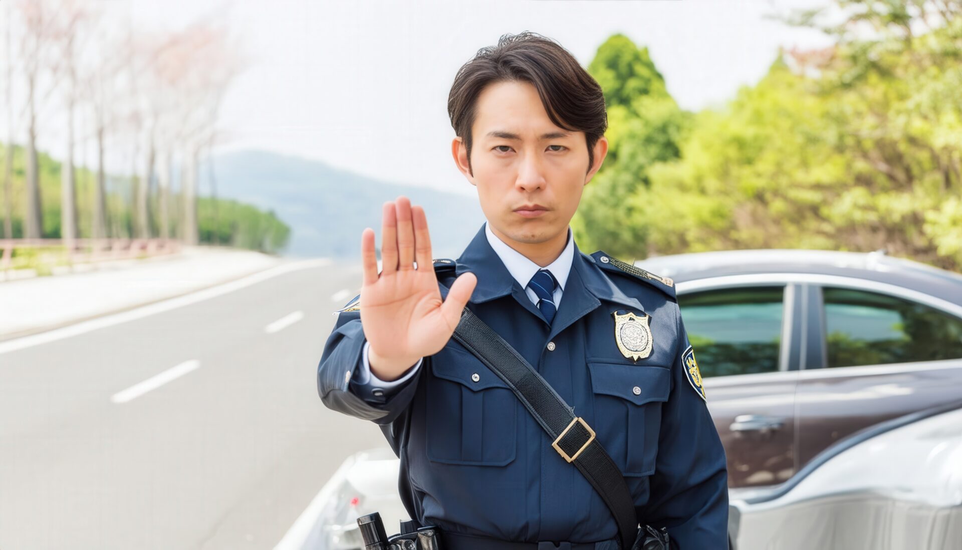 手を挙げて交通を止める警察官