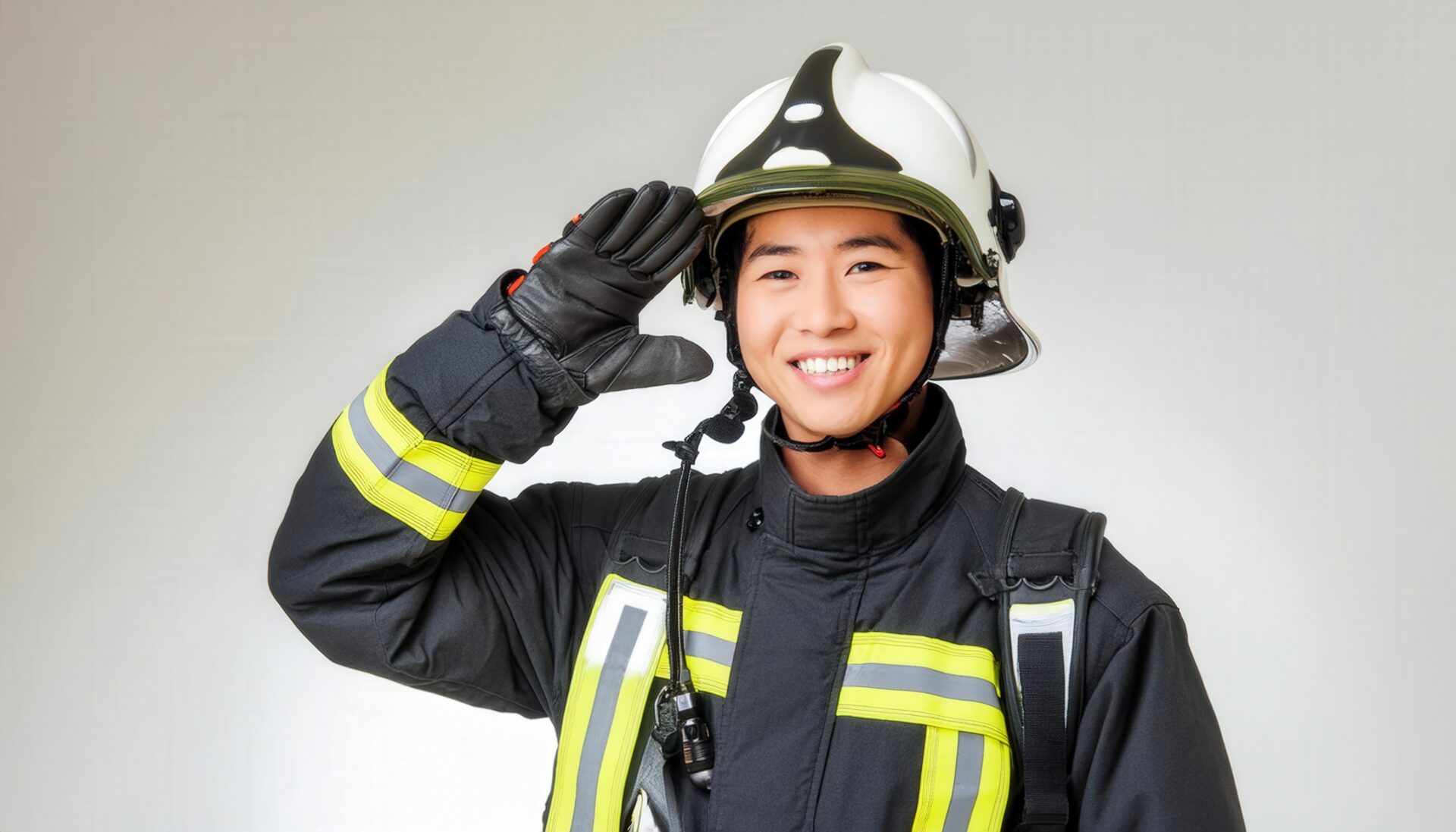 笑顔で敬礼する若い消防士