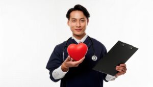 紺色スクラブ姿で赤いハートと診察ファイルを持つ笑顔の男性医師