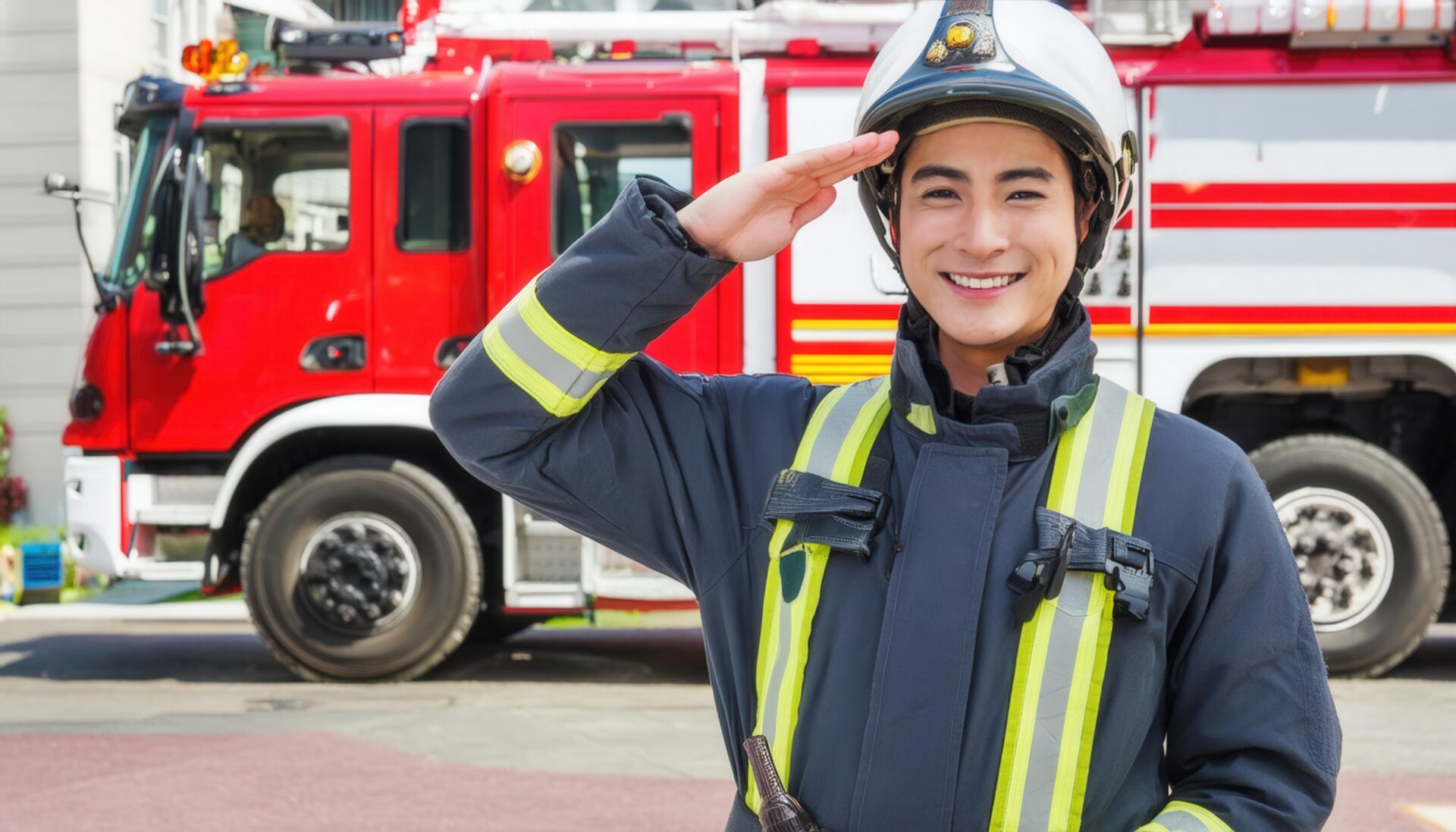 笑顔で敬礼する消防士と赤い消防車
