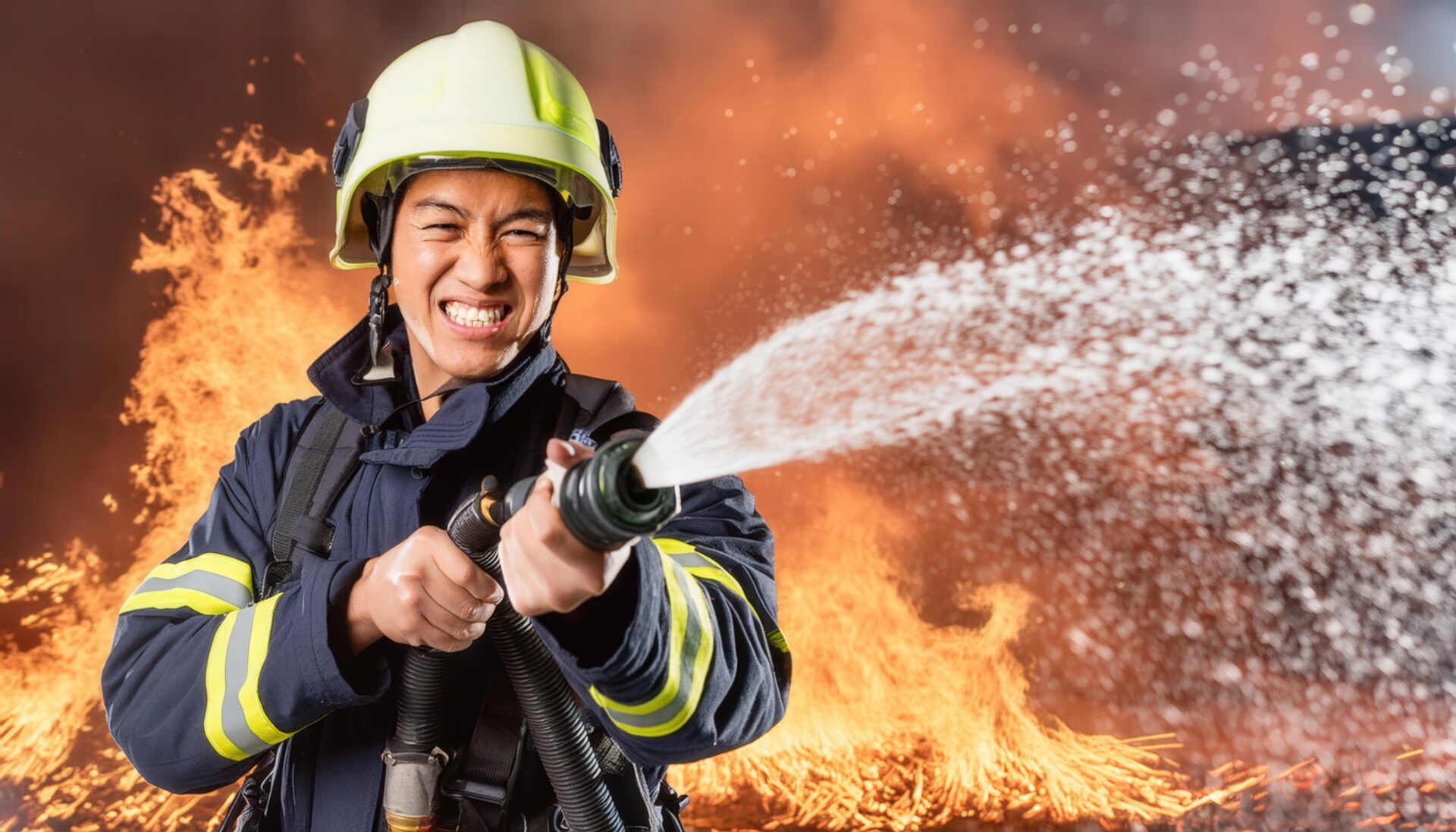 炎の中で消火活動を行う消防士