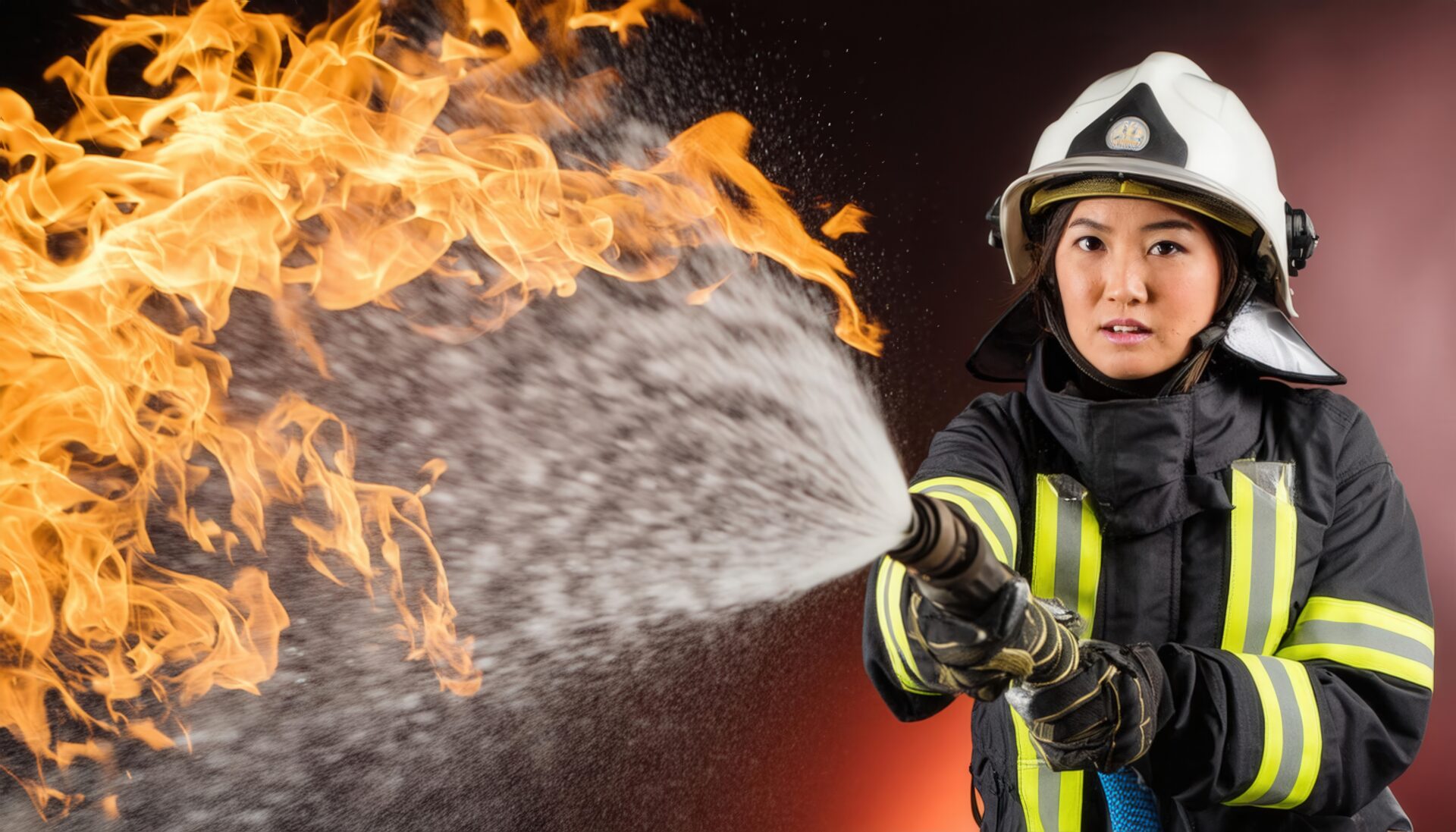 消火ホースを持ち火災現場で消火する女性消防士