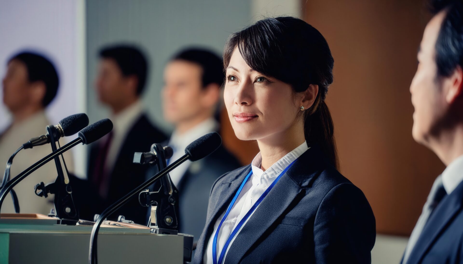 会議で発表する女性スピーカー
