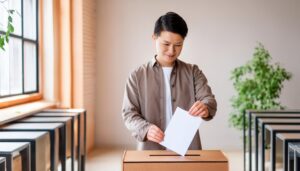明るい投票所で投票する若い男性