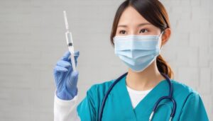 注射器を持つマスク着用の女性看護師