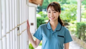 笑顔で施設の外に立つ介護士の女性