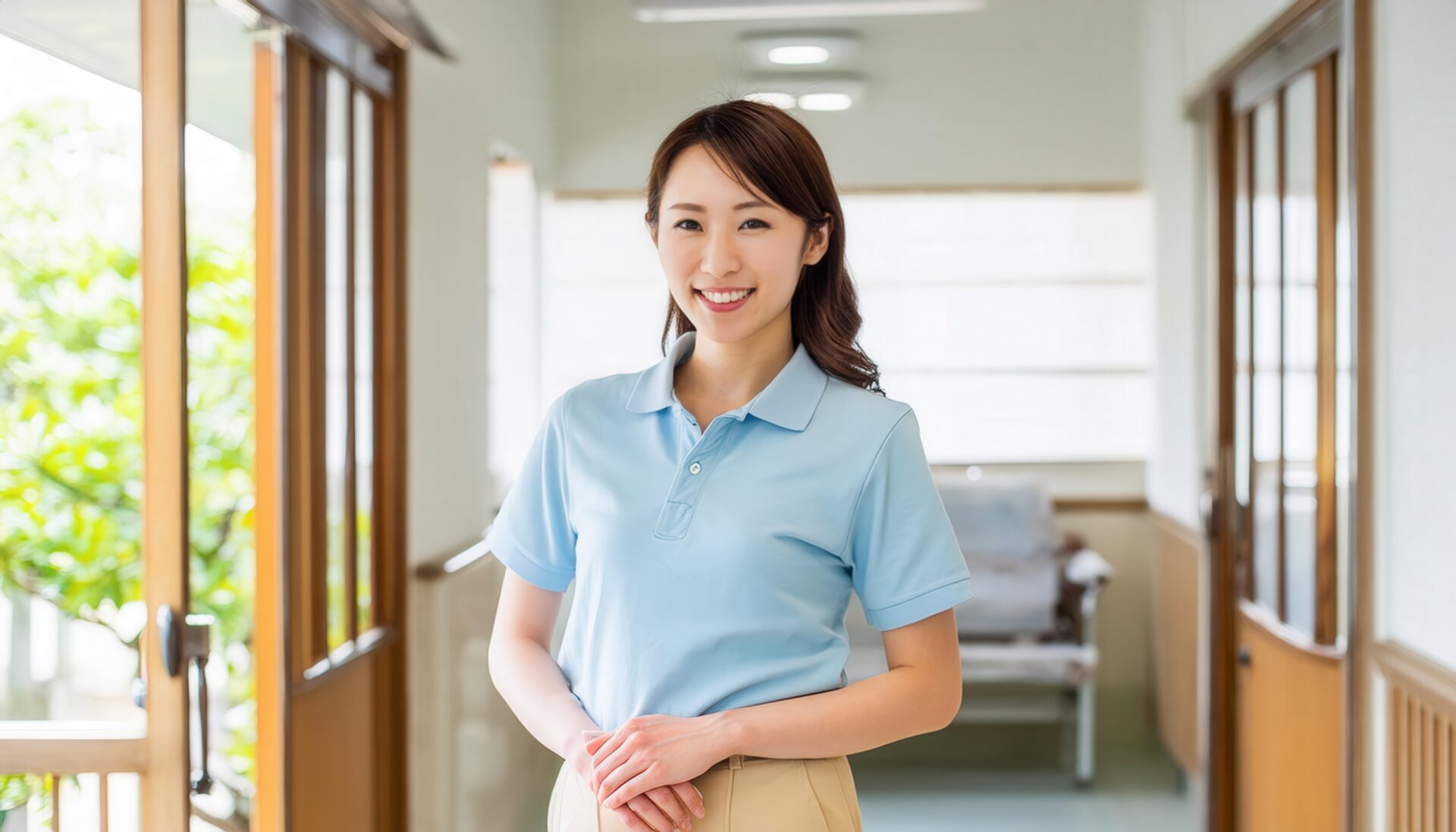 施設内で笑顔を見せる介護士の女性