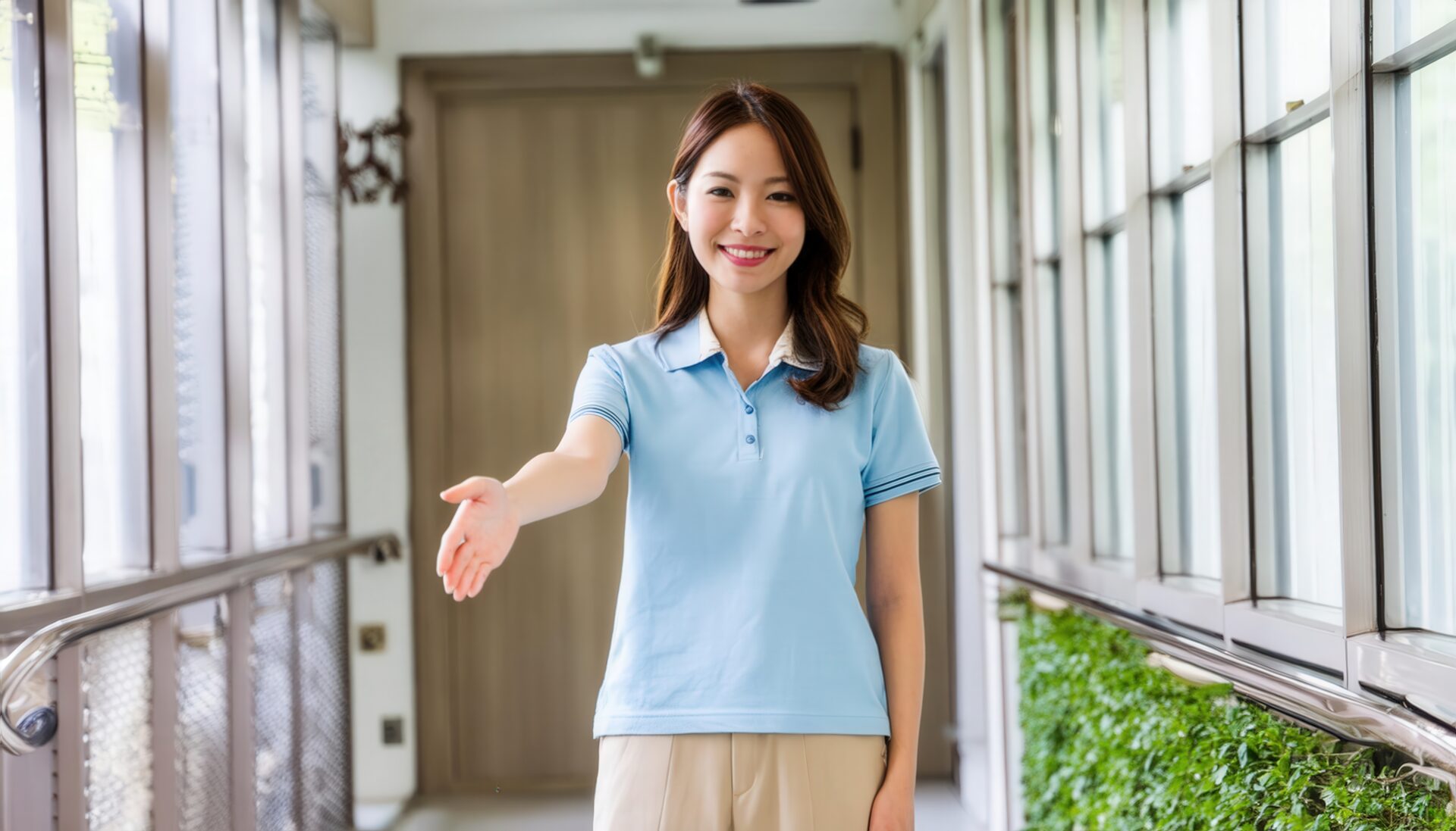 手を差し伸べて挨拶する介護士の女性