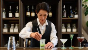 カクテルを作る若い男性バーテンダー