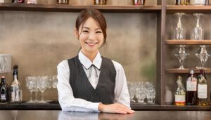 バーカウンターで微笑む女性スタッフ