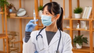 注射器を持つマスク着用の女性医師