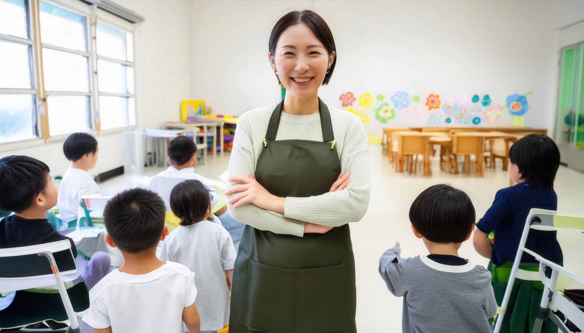 子どもたちを見守る笑顔の女性保育士