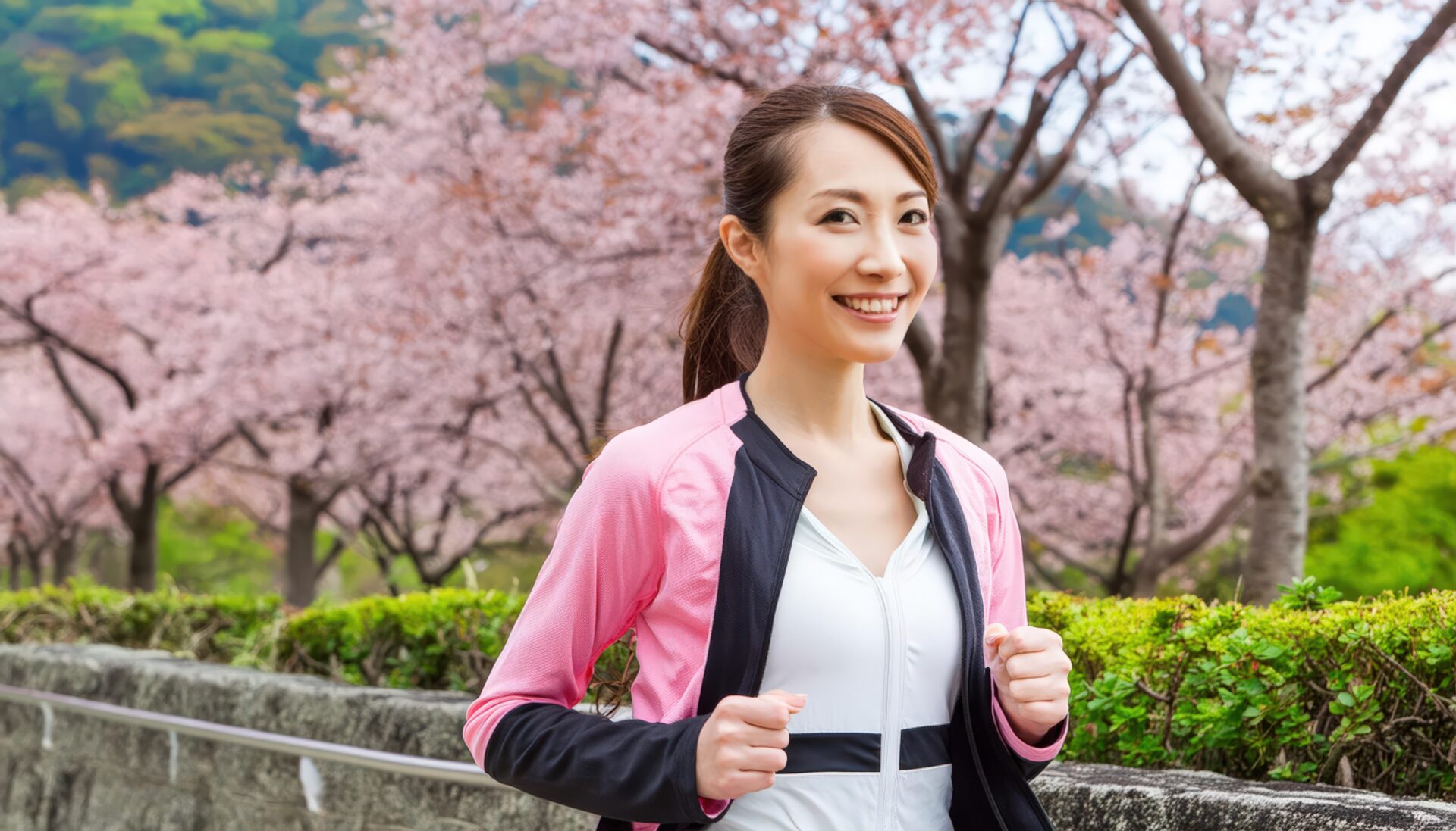 桜並木でジョギングを楽しむ女性