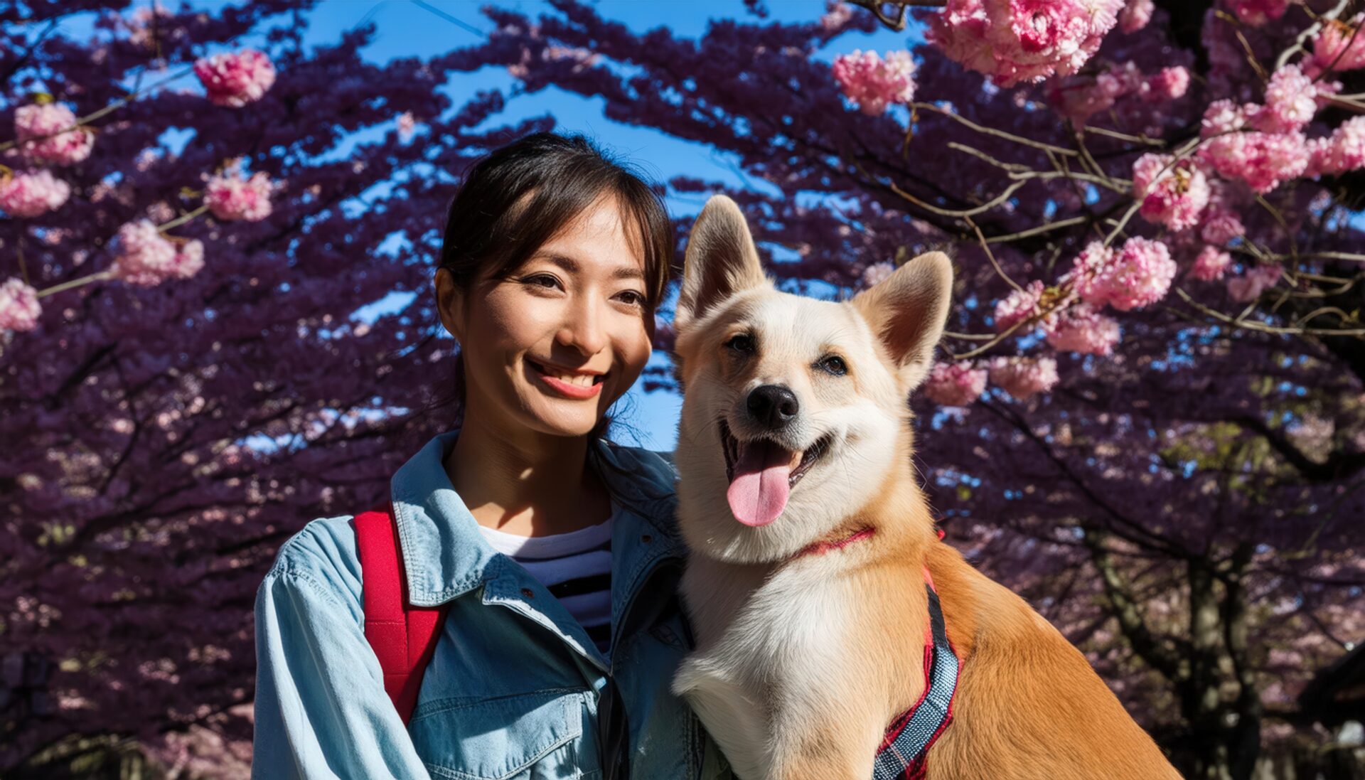 桜の下で愛犬と微笑む女性