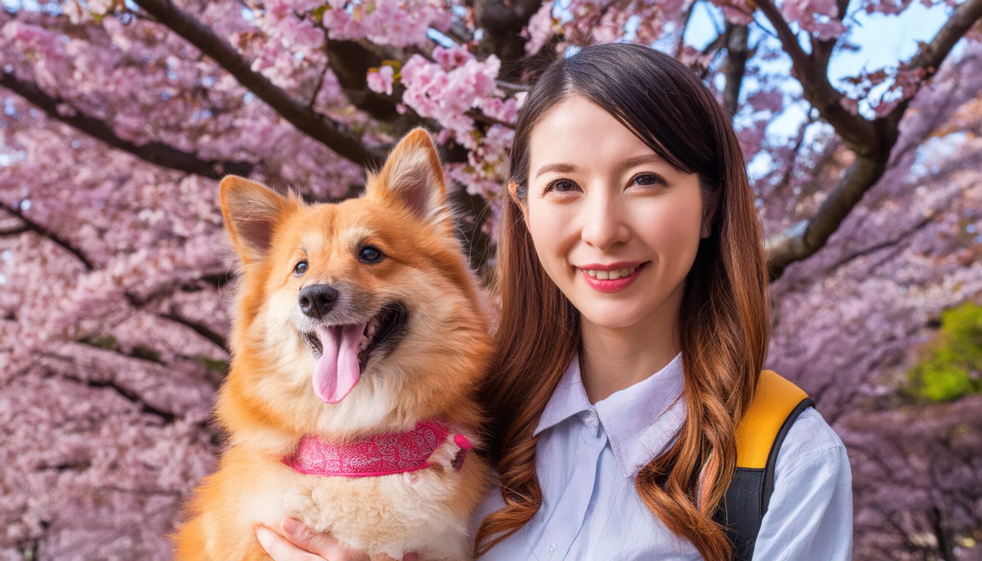 桜の下で笑顔の女性と犬
