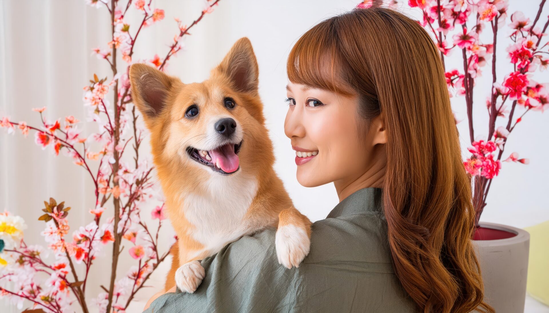 室内で桃の花と女性と犬
