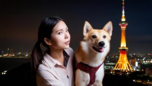 夜景を背景に犬を抱える女性