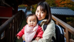 寺院の橋で微笑む母親と赤ちゃん