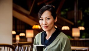 和風カフェでお茶を飲む女性