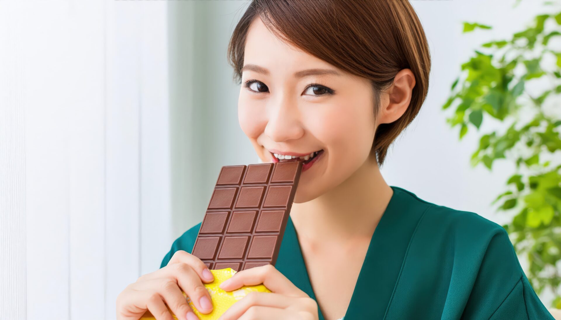 チョコレートを食べるショートカットの女性