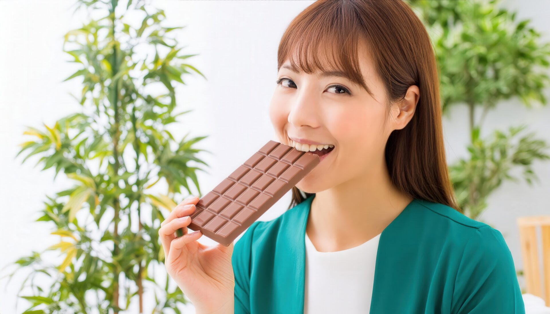 チョコレートを食べるロングヘアの女性