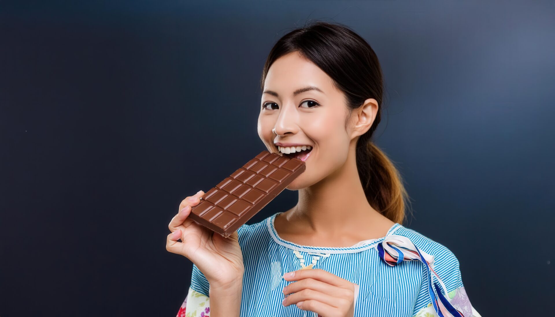黒い背景でチョコレートを食べる女性