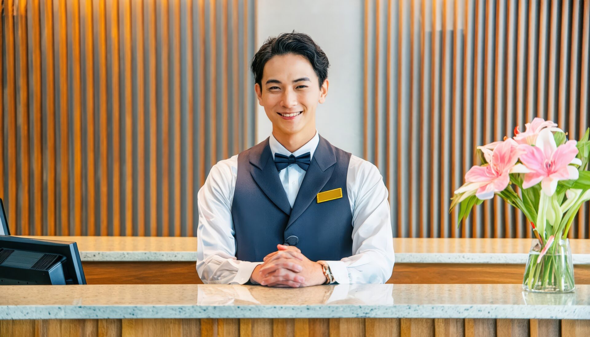 フロントデスクに立つ笑顔の男性スタッフ