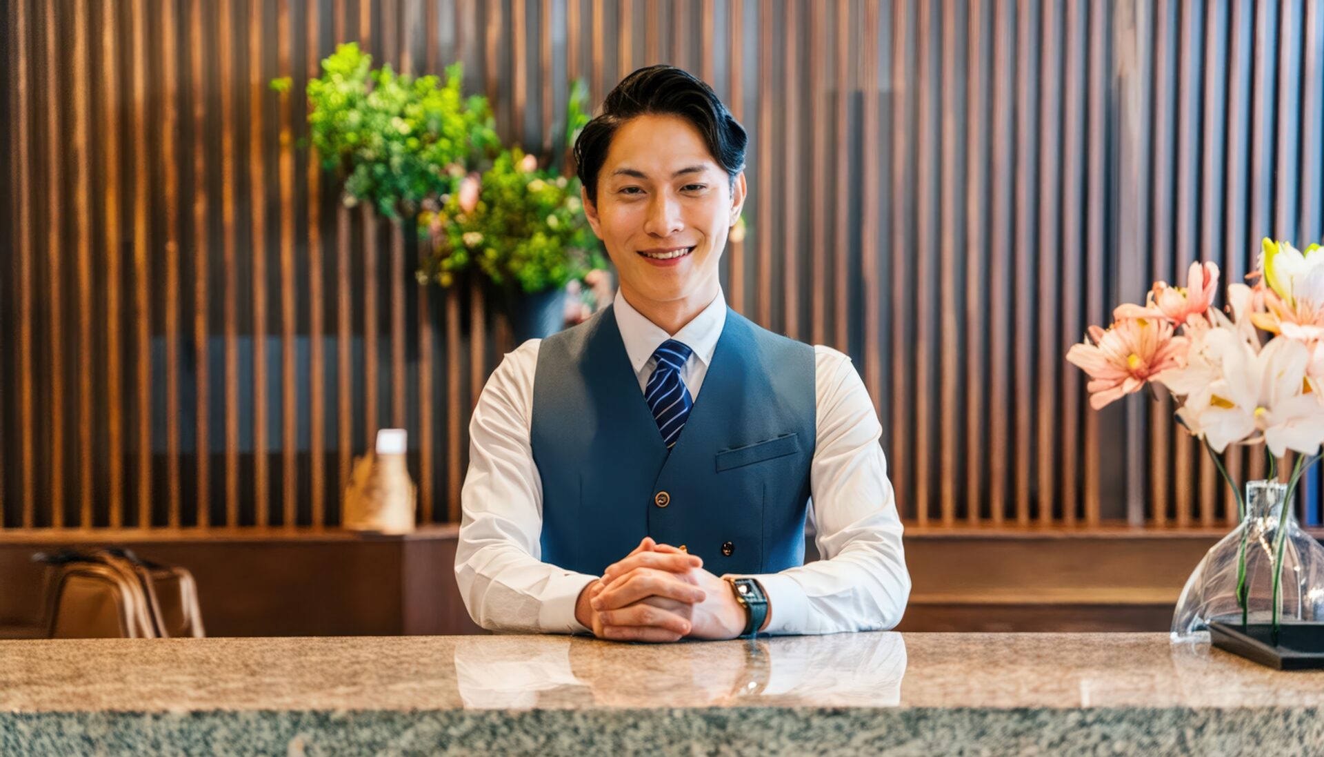 ホテルのフロントで笑顔の男性スタッフ