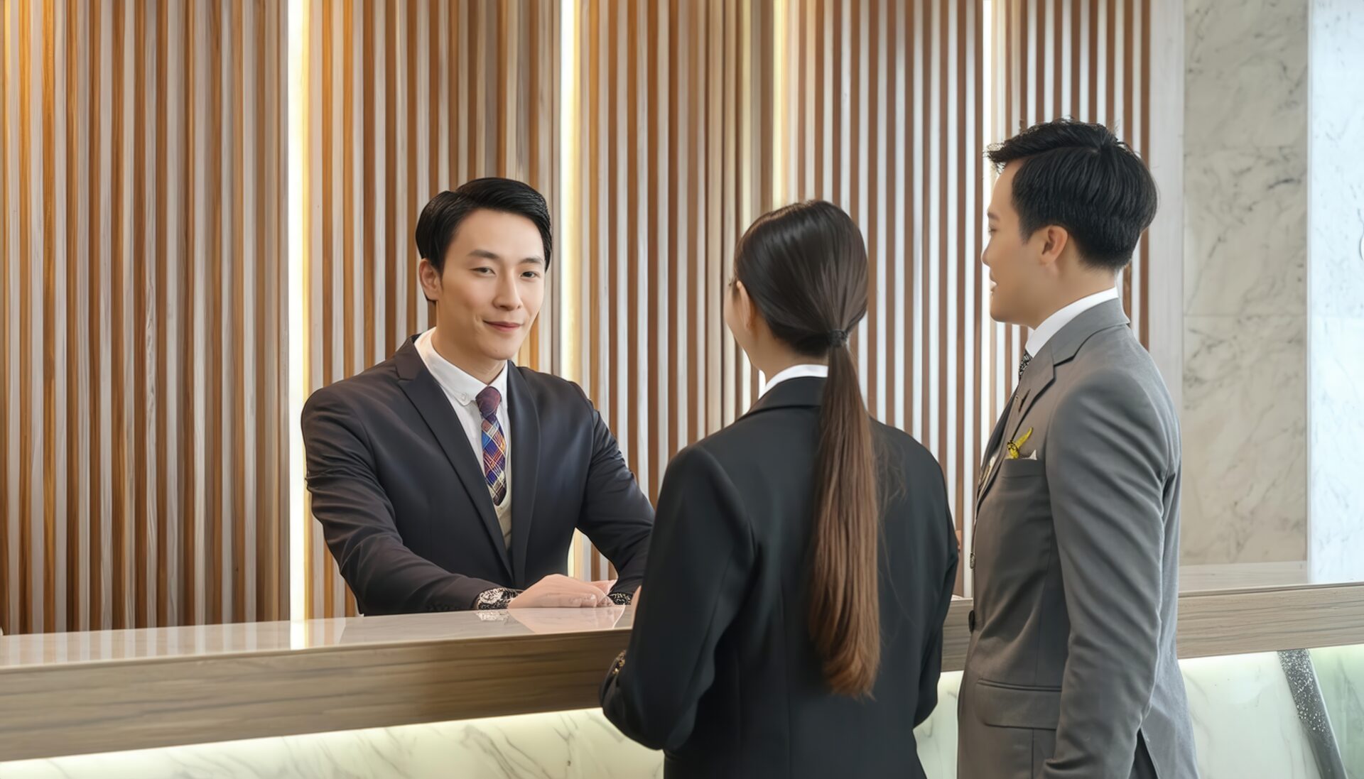 ホテルフロントで会話をする男性スタッフと2人のゲスト