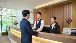 ホテルフロントで対応するスタッフとゲスト