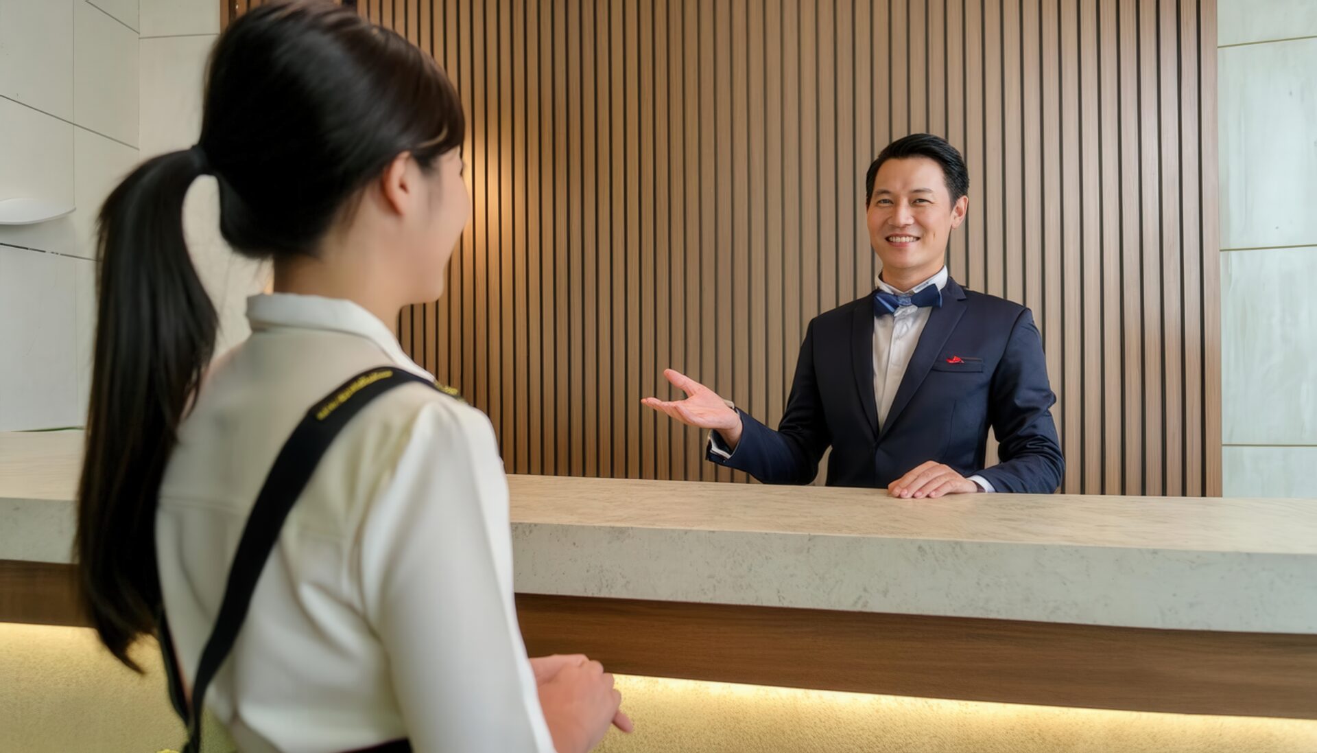 笑顔でゲストを迎えるホテルの男性スタッフ