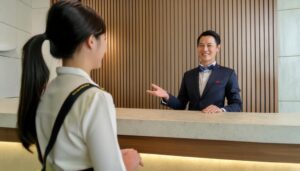 笑顔でゲストを迎えるホテルの男性スタッフ