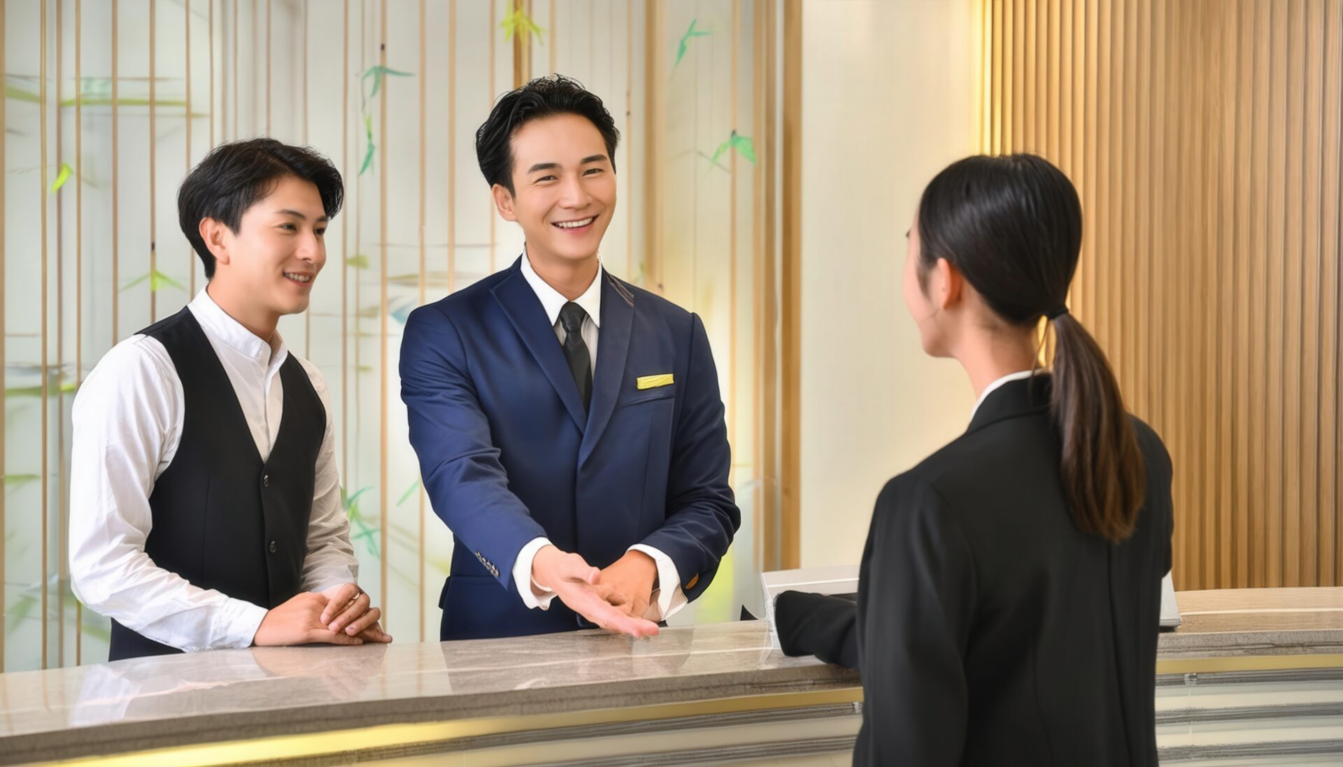 ホテルのフロントでお辞儀する男性スタッフと笑顔の女性ゲスト