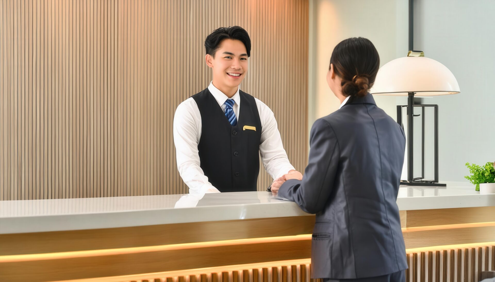 ホテルのフロントでゲストに対応する男性スタッフ