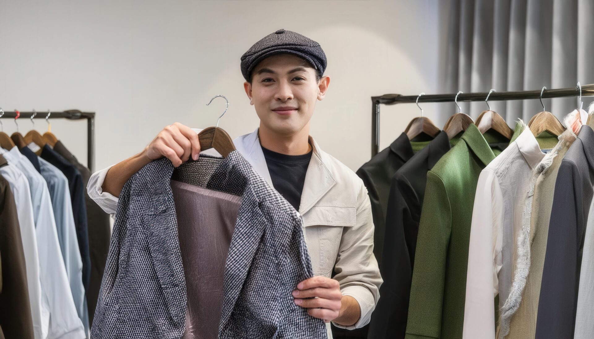 アパレルショップでジャケットを手に持つ男性店員