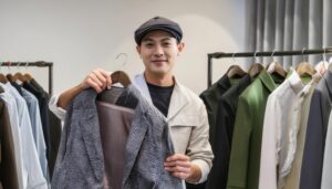 アパレルショップでジャケットを手に持つ男性店員