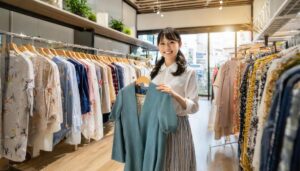 アパレルショップで洋服を手に持つ笑顔の女性スタッフ